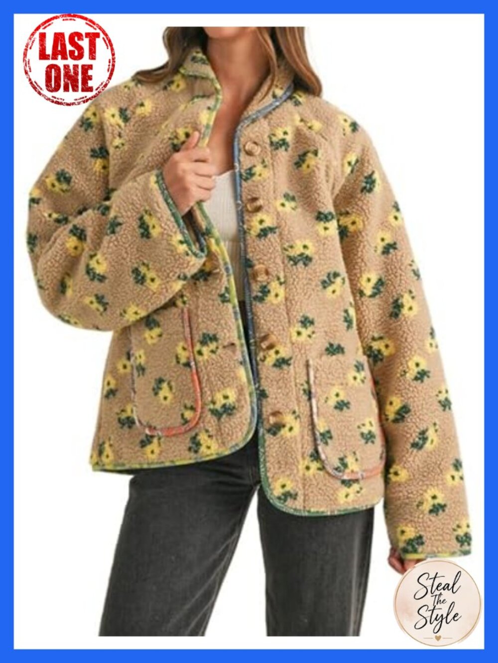Sherpa Fleece Floral Button Up Jacket Long Sleeve Teddy Coat Pockets